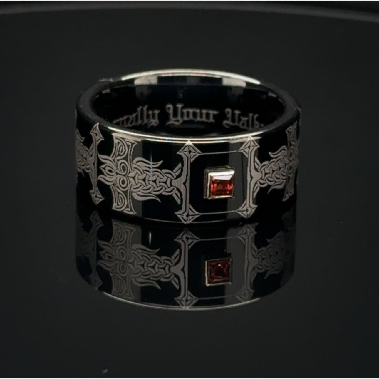 Black tungsten custom engraved 10 mm Viking wedding ring with princess cut any gemstone