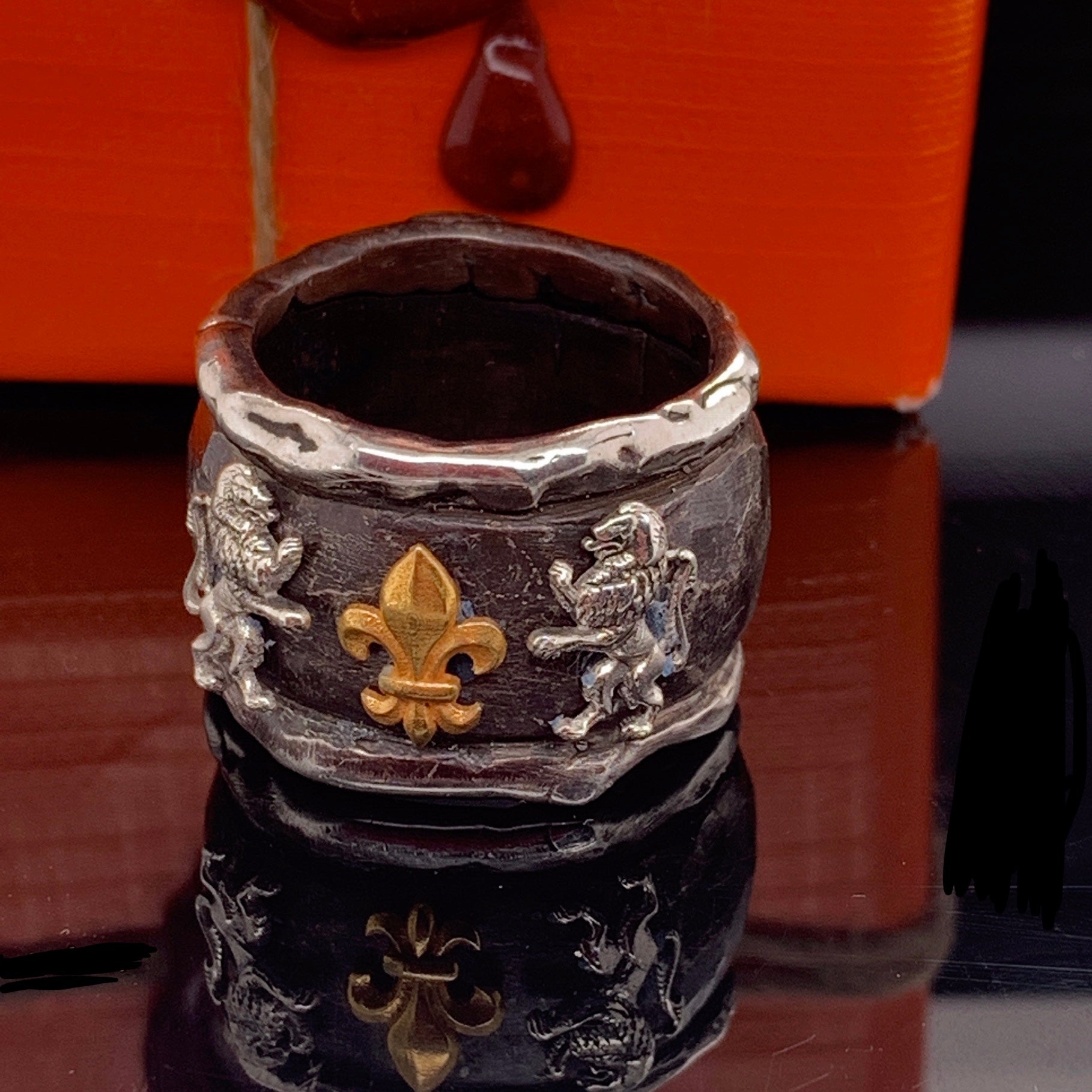 Unique Silver Cigar Band, Fleur de Lis Ring, Heraldic Ring, Personalized