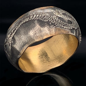 Silver Handcrafted Wedding Band with Custom Engraved Serpent 11mm 18k Gold Plated
