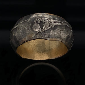 Silver Handcrafted Wedding Band with Custom Engraved Serpent 11mm 18k Gold Plated