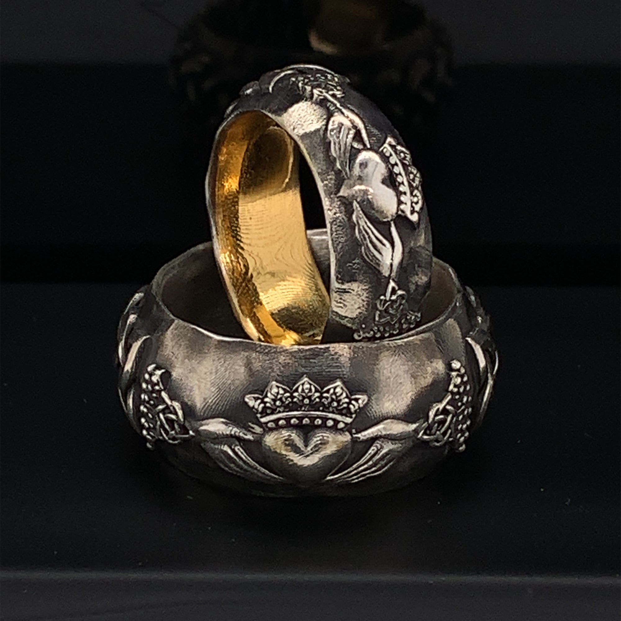Traditional Irish Celtic Claddagh Sterling Silver Gold Plated Matching Rings for Mens and Women