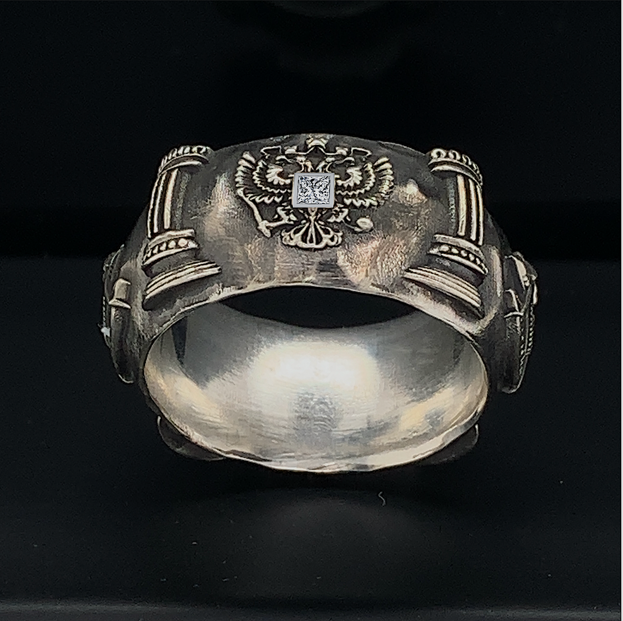 Handmade Diamond Masonic Ring with Square and Compass Two Headed Eagle