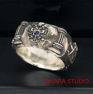 Handmade Diamond Masonic Ring with Square and Compass Two Headed Eagle
