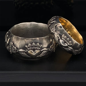 Traditional Irish Celtic Claddagh Sterling Silver Gold Plated Matching Rings for Mens and Women