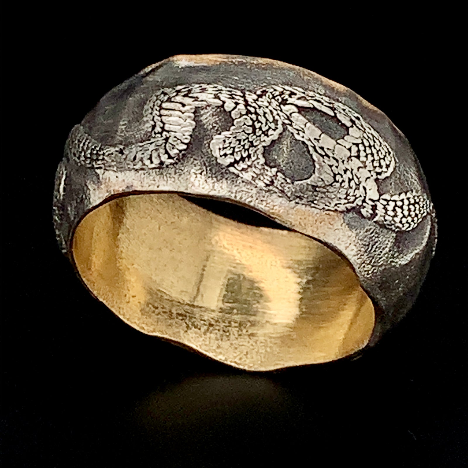 Silver Handcrafted Wedding Band with Custom Engraved Serpent 11mm 18k Gold Plated