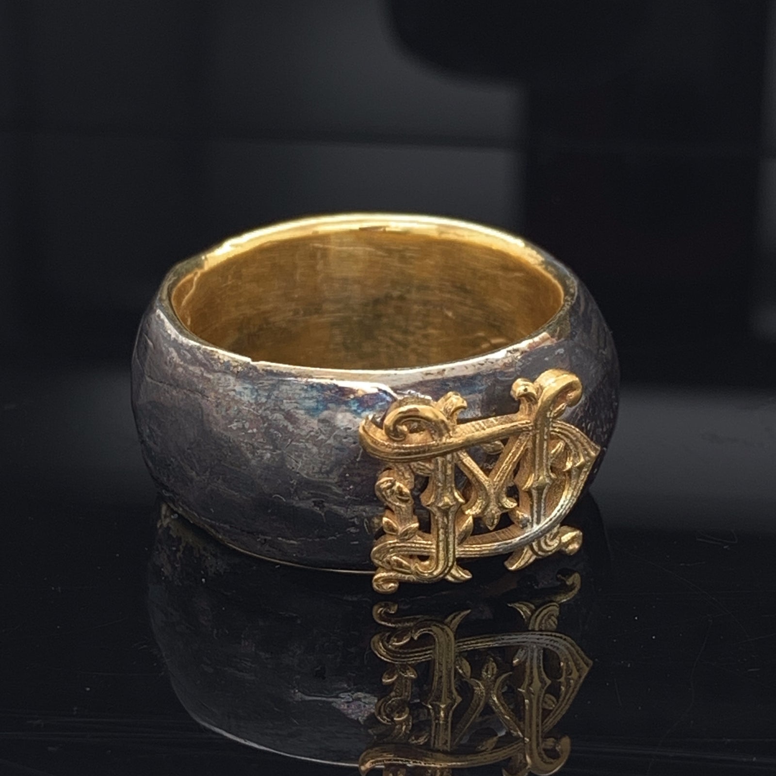 Silver and 14k Yellow Gold Custom Monogram Wedding Band, 11mm, Personalized Wedding Band with Victorian Style Monogram