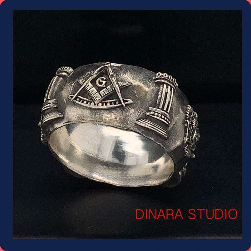 Silver Masonic Wedding Ring, Square and Compass Ring, Two Headed Eagle Ring, Handcrafted Unique Freemasons Ring