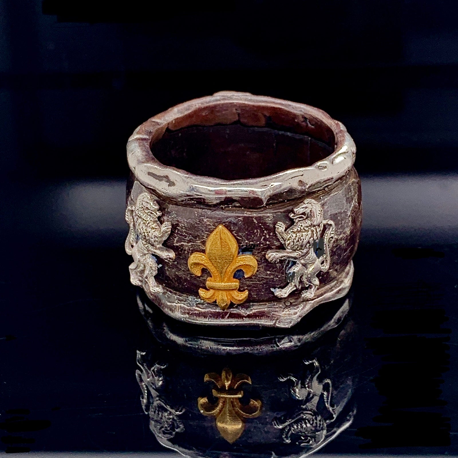 Unique Silver Cigar Band, Fleur de Lis Ring, Heraldic Ring, Personalized