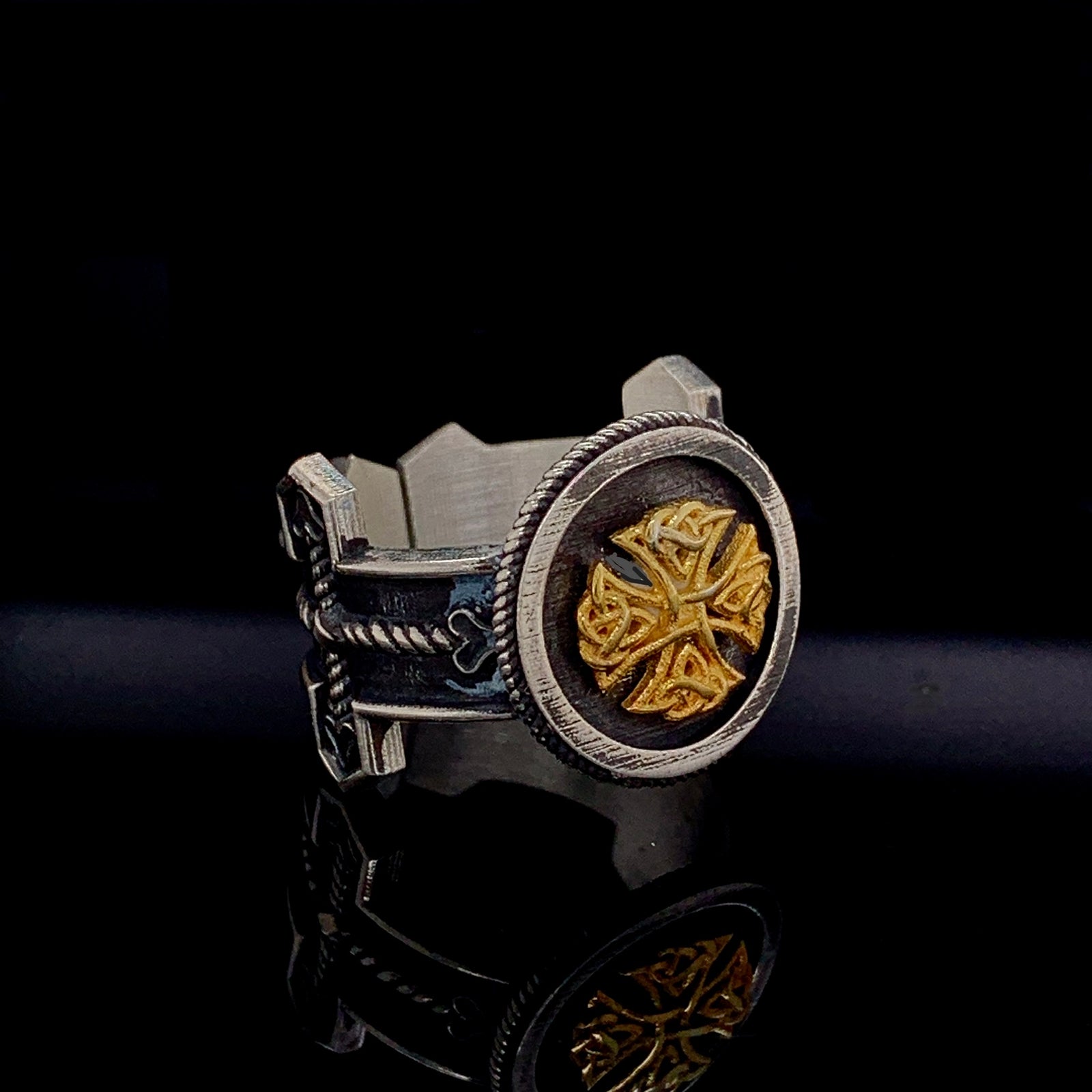 Antique Style Sterling Silver and 14k Yellow Gold Celtic Cross Handcrafted Cuff Ring,