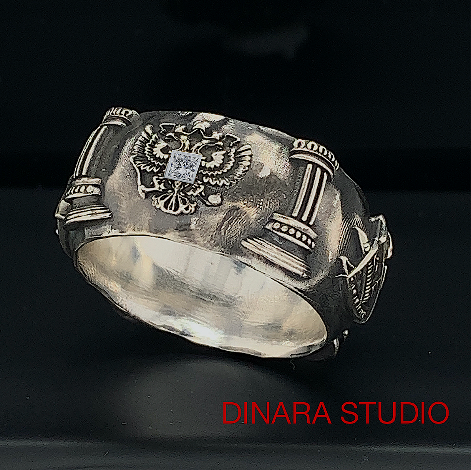 Handmade Diamond Masonic Ring with Square and Compass Two Headed Eagle