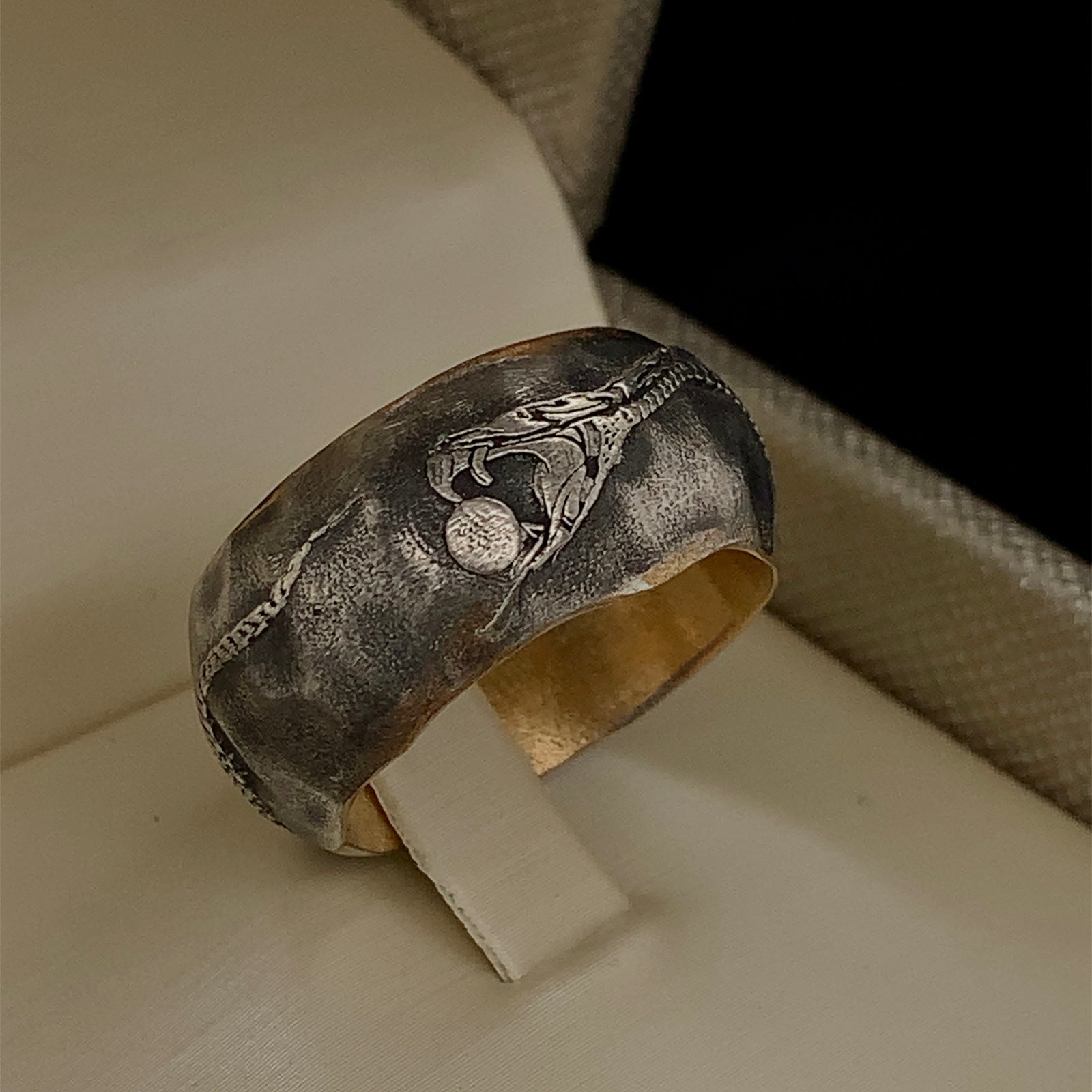 Silver Handcrafted Wedding Band with Custom Engraved Serpent 11mm 18k Gold Plated