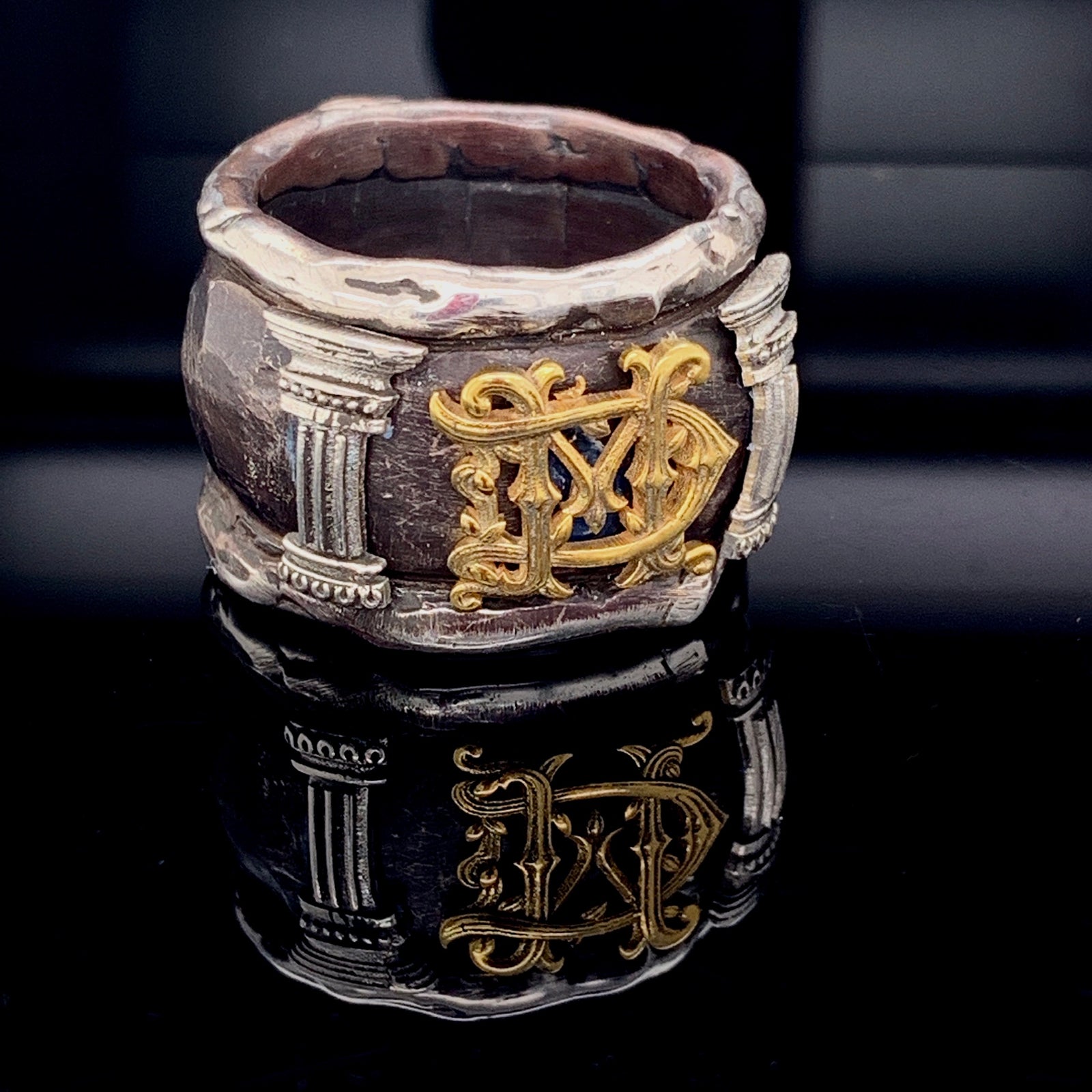 Sterling Silver and 14k Yellow Gold Victorian Style Monogram Mens Ring, Custom Made, Personalized